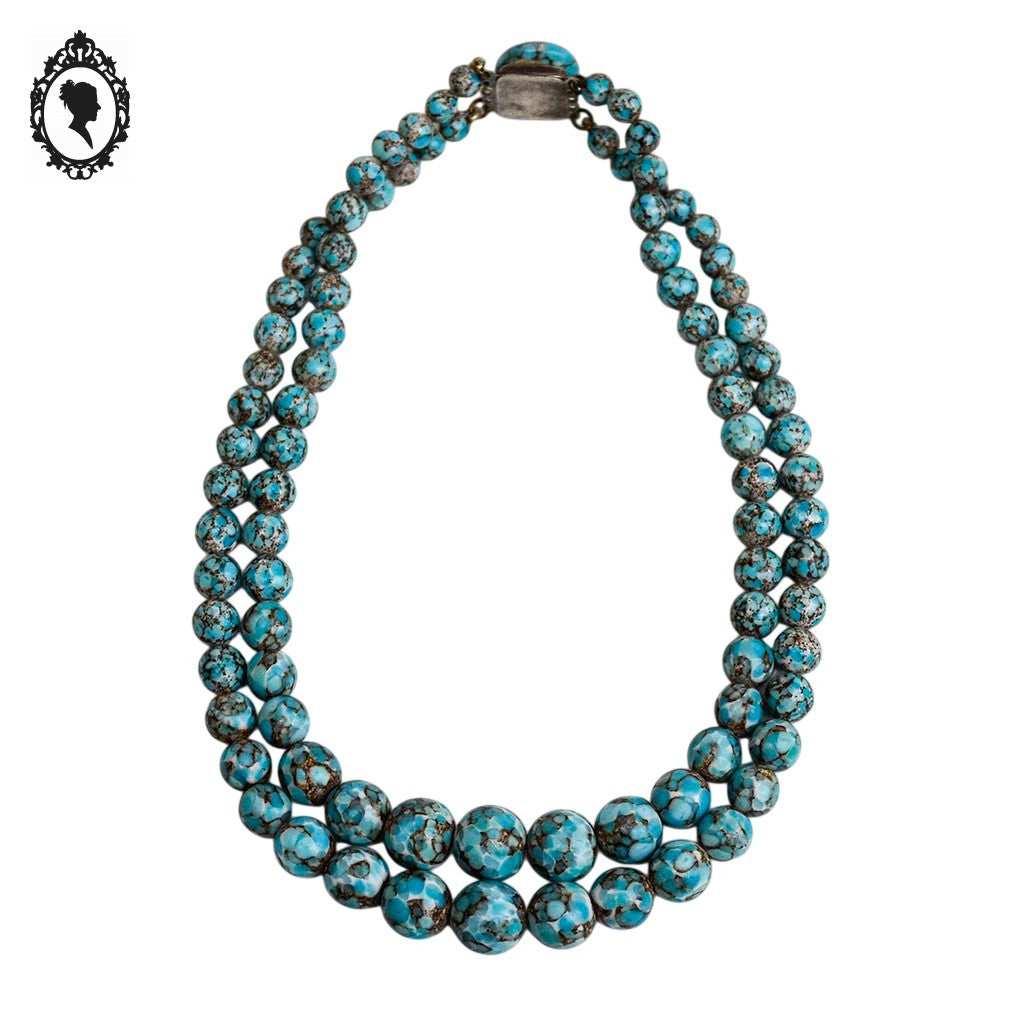 Collier ancien art déco 2 rangs de perles bleu porcelaine émaillée effet marbré
