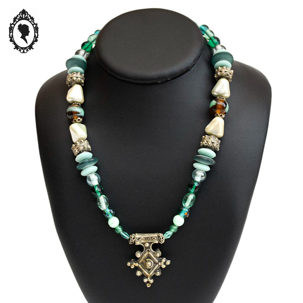 Collier berbère croix du sud métal perles bleu vert vintage ancien