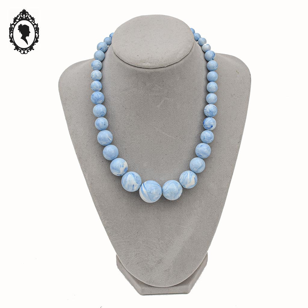 Collier bleu et blanc marbré perles rondes ras de cou en cascades vintage