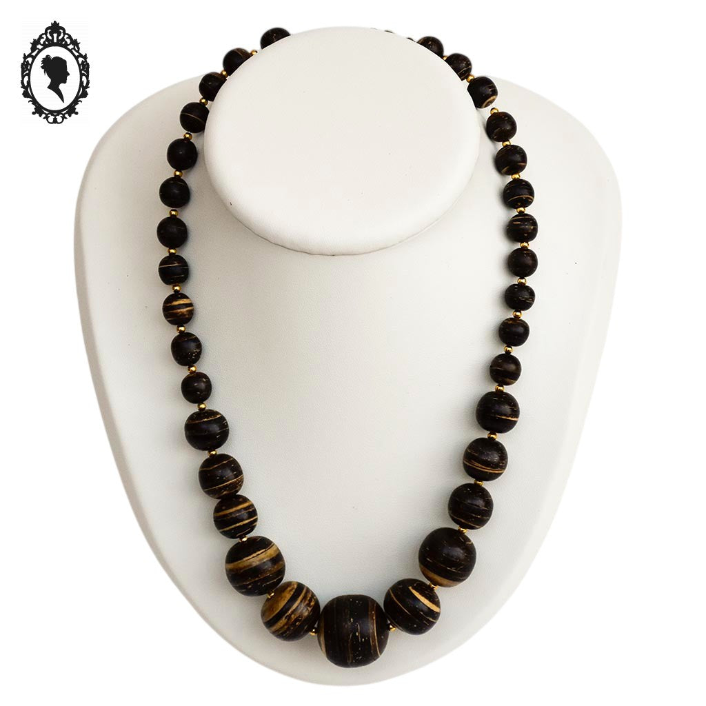 Collier cascade perles rondes en bois marron et doré style bohème nature chic vintage
