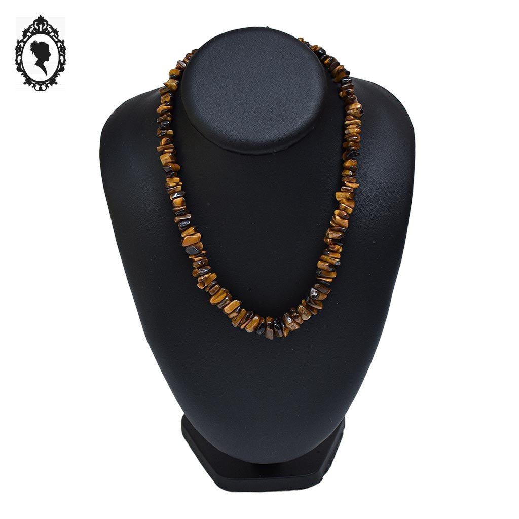 Collier marron en pierre protectrice œil de tigre chips vintage