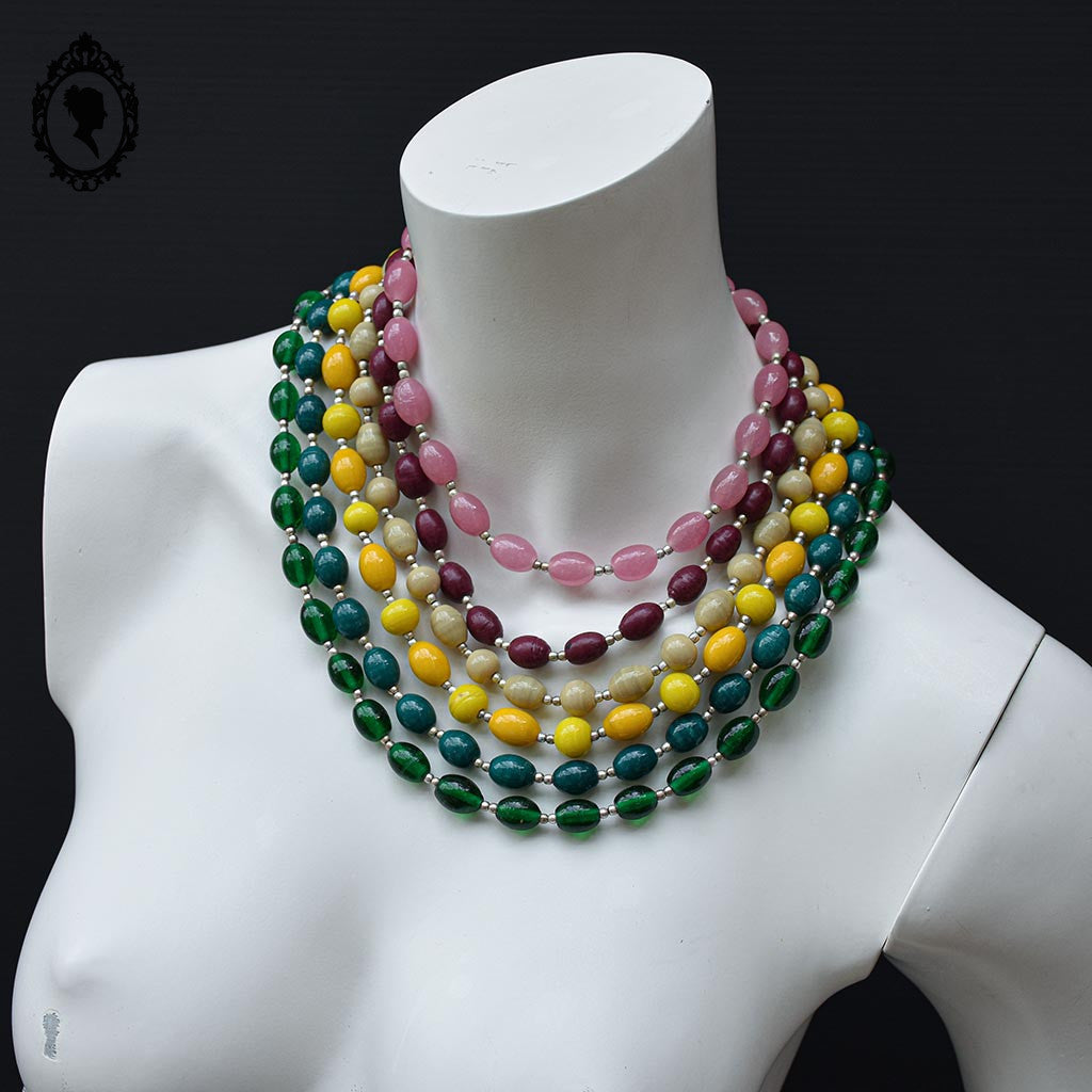 Collier multi couleurs coloré 6 rangs perles en verre fantaisie vintage