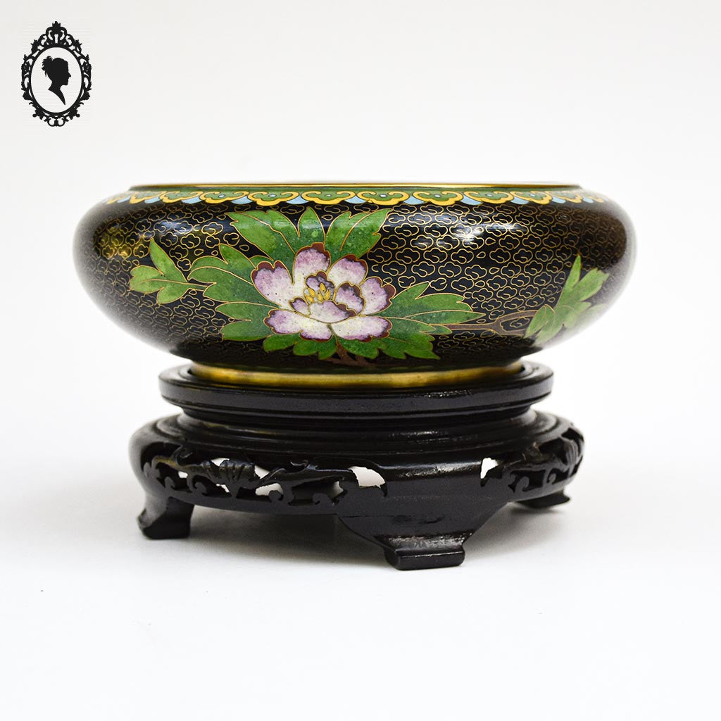 Coupe chinoise en email émaux cloisonnés noir laiton D 18 cm vintage