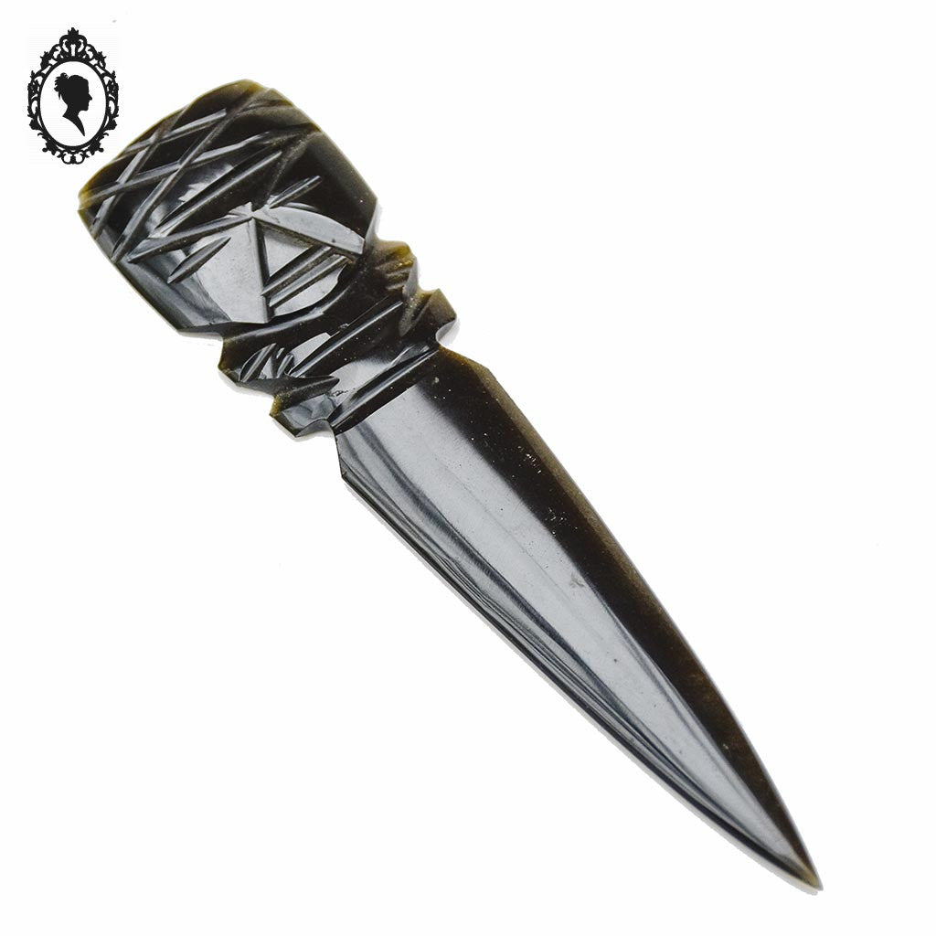 Coupe papier obsidian ou ouvre lettre en pierre obsidienne noir doré tête mexicaine vintage