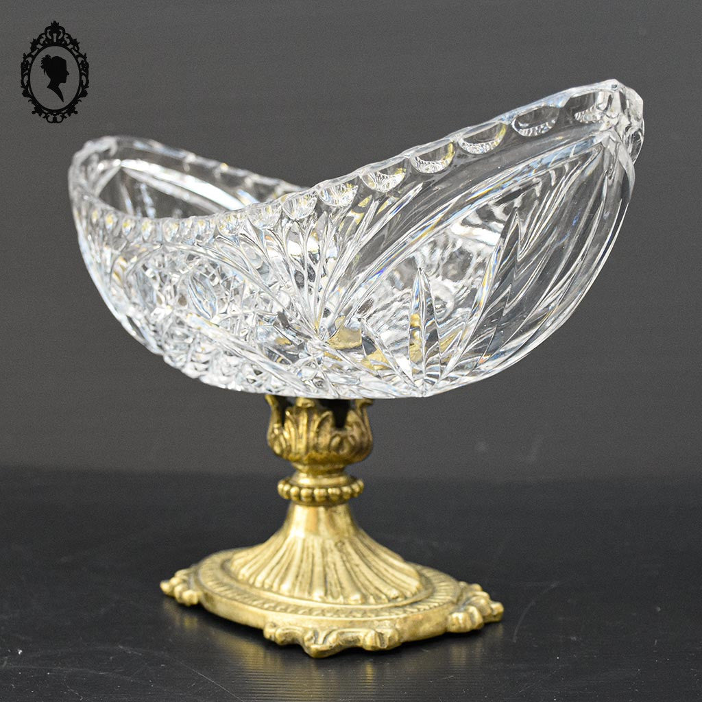 Coupelle sur pied serviteur plat coupe ovale piédouche en cristal et laiton H 15 L 31 cm