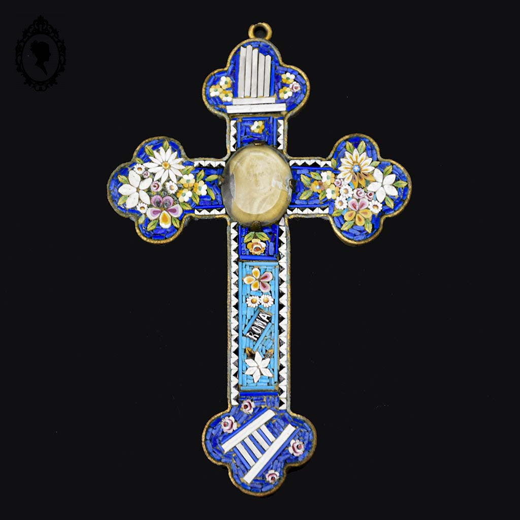 Croix en micro mosaïque de Roma Italienne photo verre H 10,5 cm ancienne