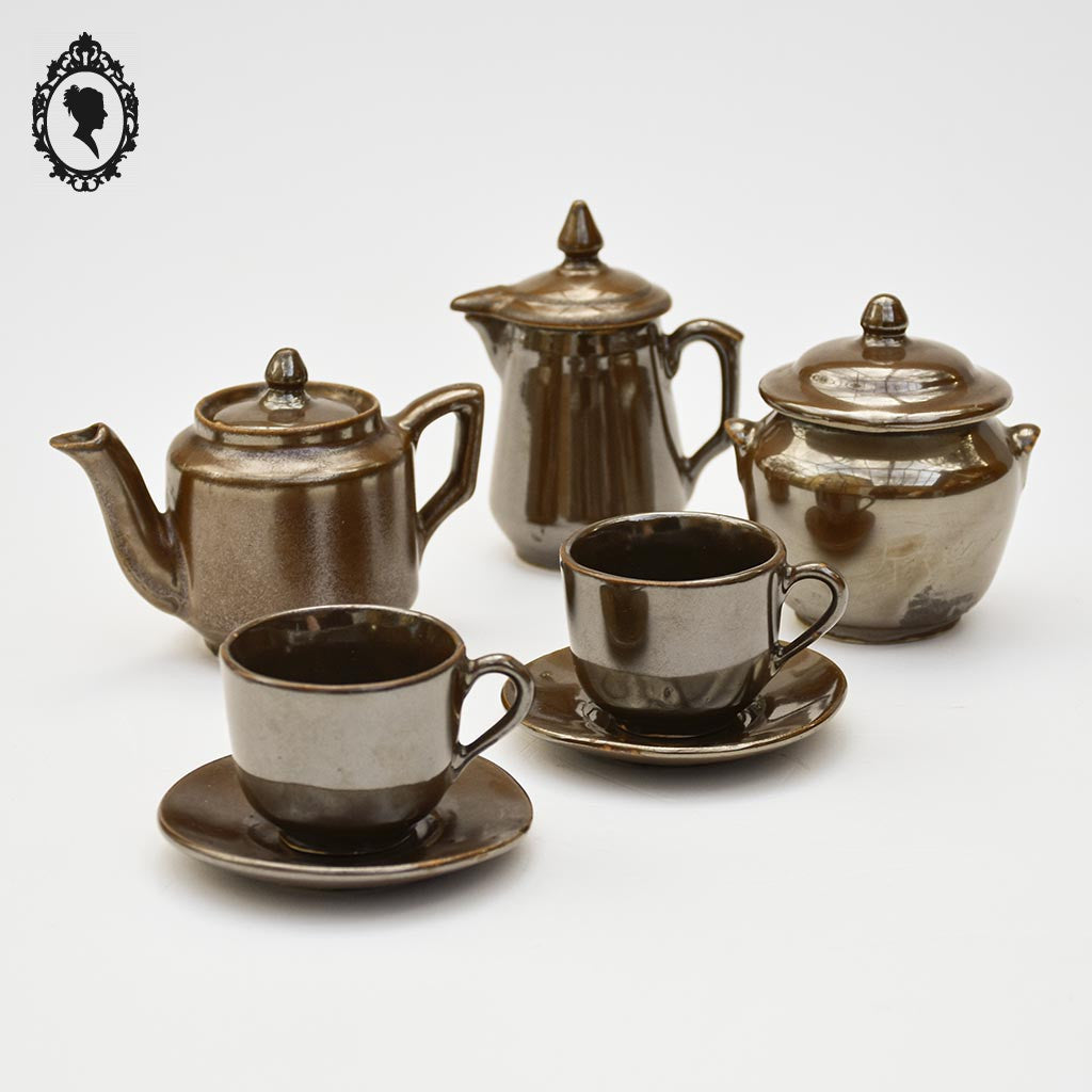 Dinette à café ou thé tasses théière pots en grès marron nacré jouet vintage