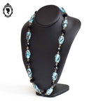 Élégant long collier perles de verre vénitien Murano bleu noir vintage ancien