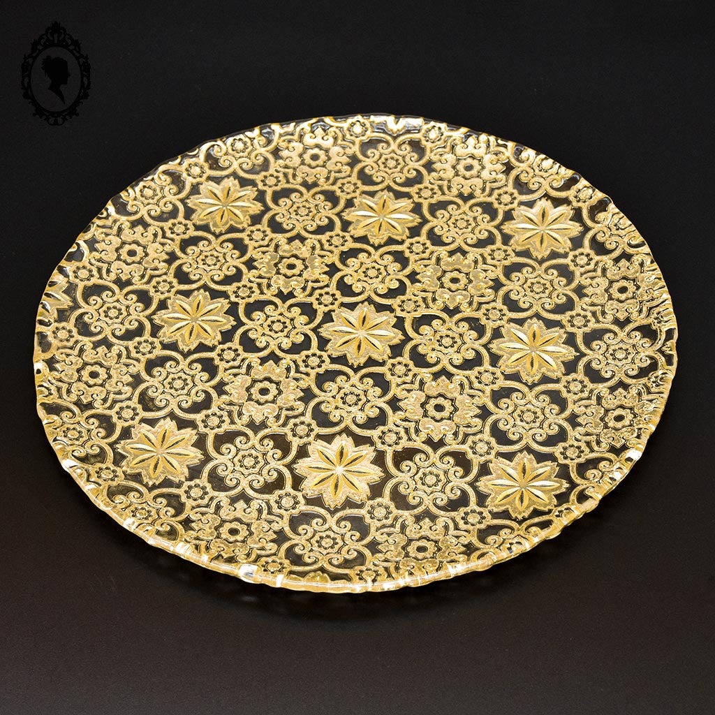 Élégant plat de présentation culinaire rond en verre arabesque or doré