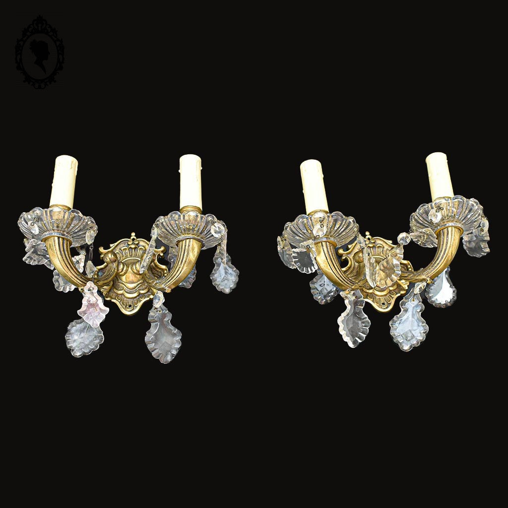 Elégante paire d’appliques en bronze doré pampilles baroque 2 lumières vintage