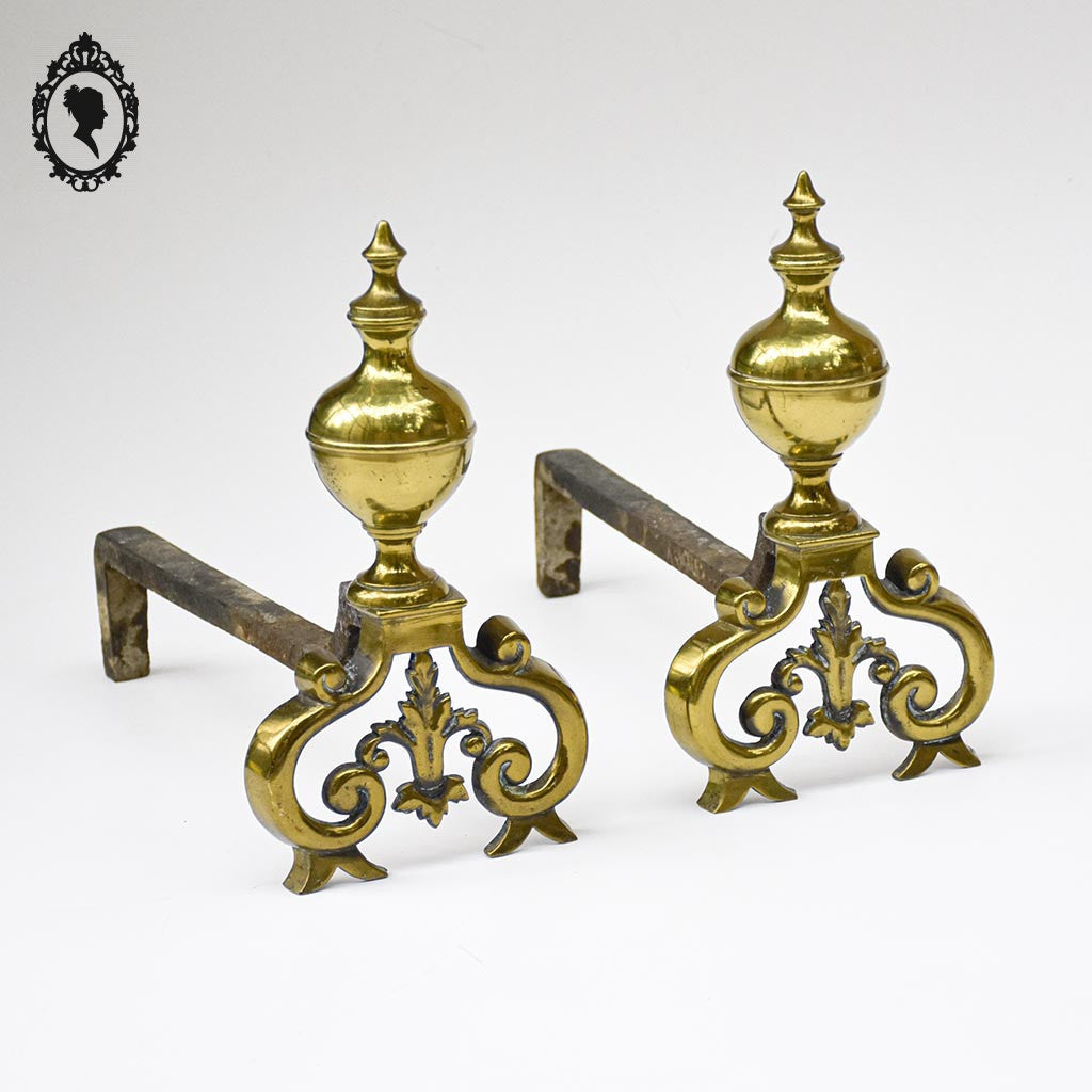 Élégante paire de chenets bronze doré accessoire de cheminée ancien