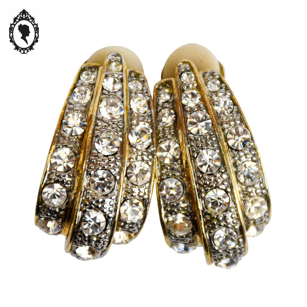 Élégantes boucles d’oreilles clips diamants strass blanc et dorées 3 rangs vintages