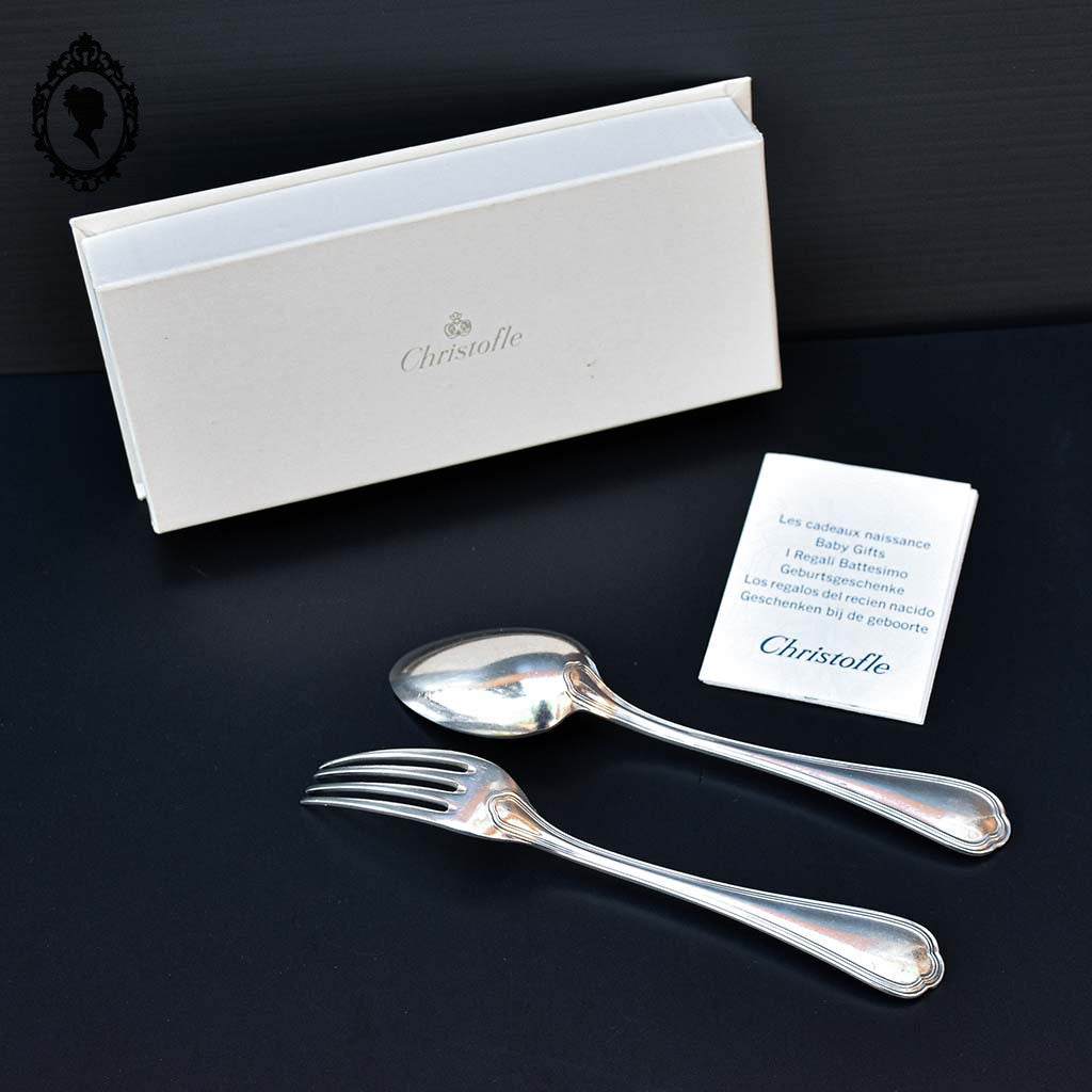 Ensemble 2 couverts enfant ou dessert Chritofle métal argenté dans écrin