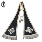 Étole pastorale prêtre Liturgique noir et beige soie broderie pompons fil doré argent ancienne