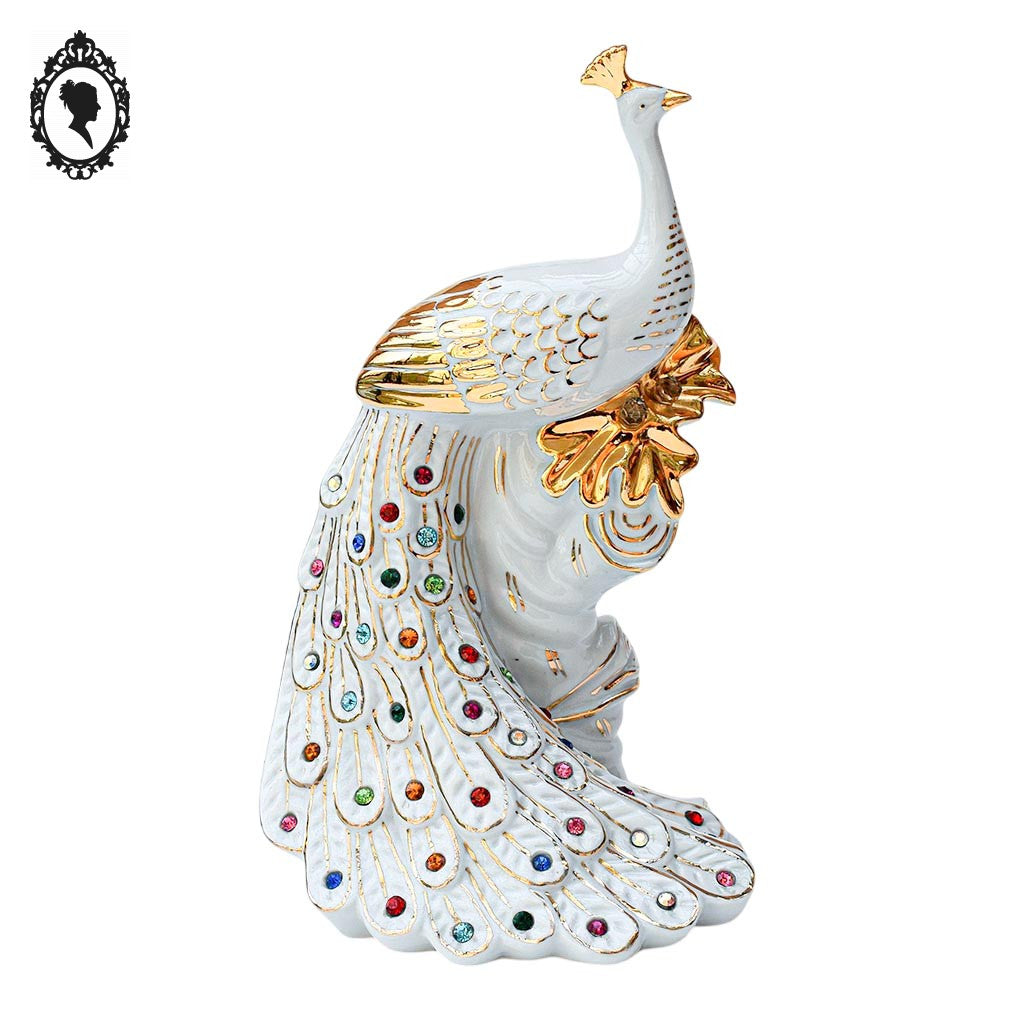 Figurine oiseau paon porcelaine blanche doré avec strass objet déco de vitrine vintage