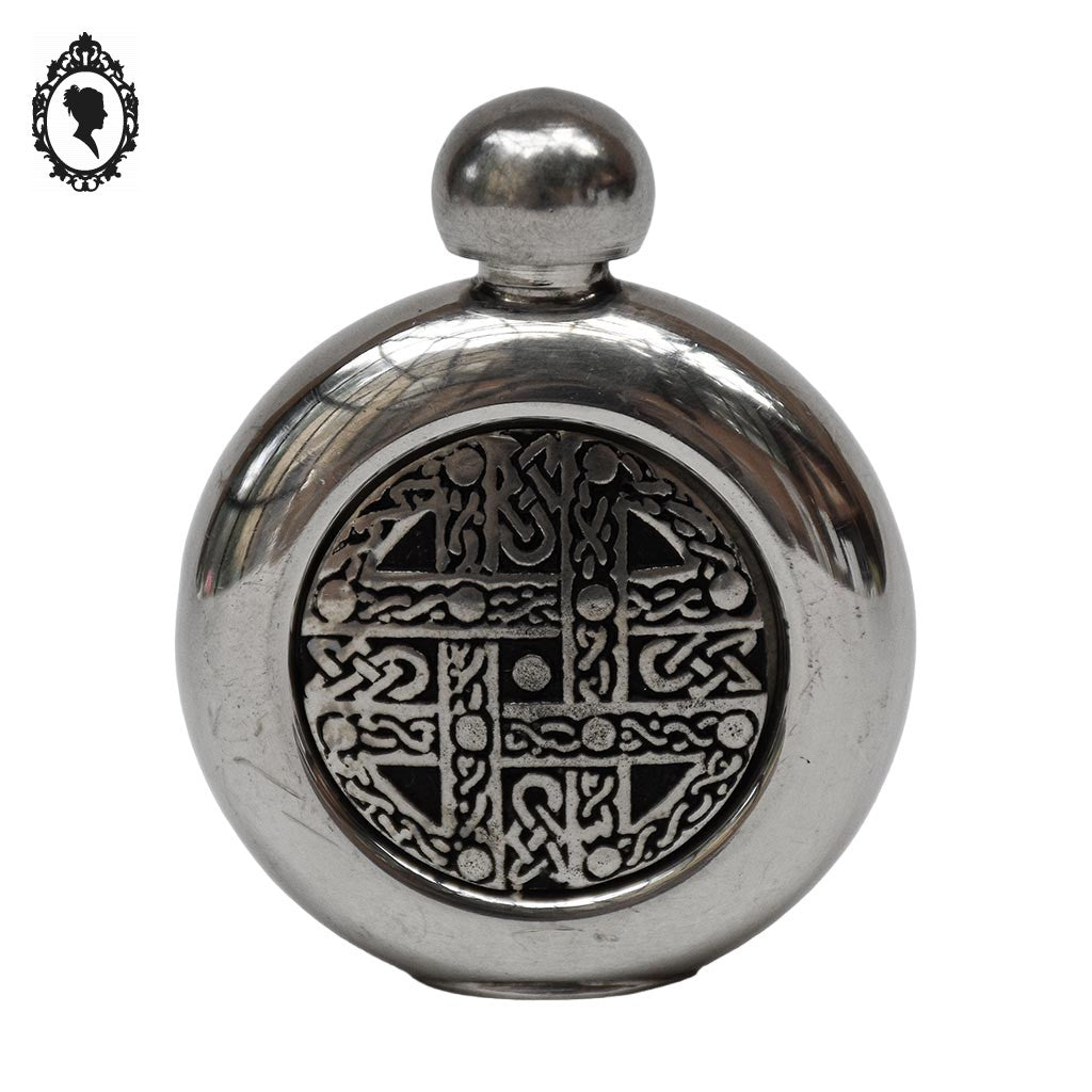 Flacon miniature circulaire en métal flasque de hanche celtique alcool ou parfum St Justin