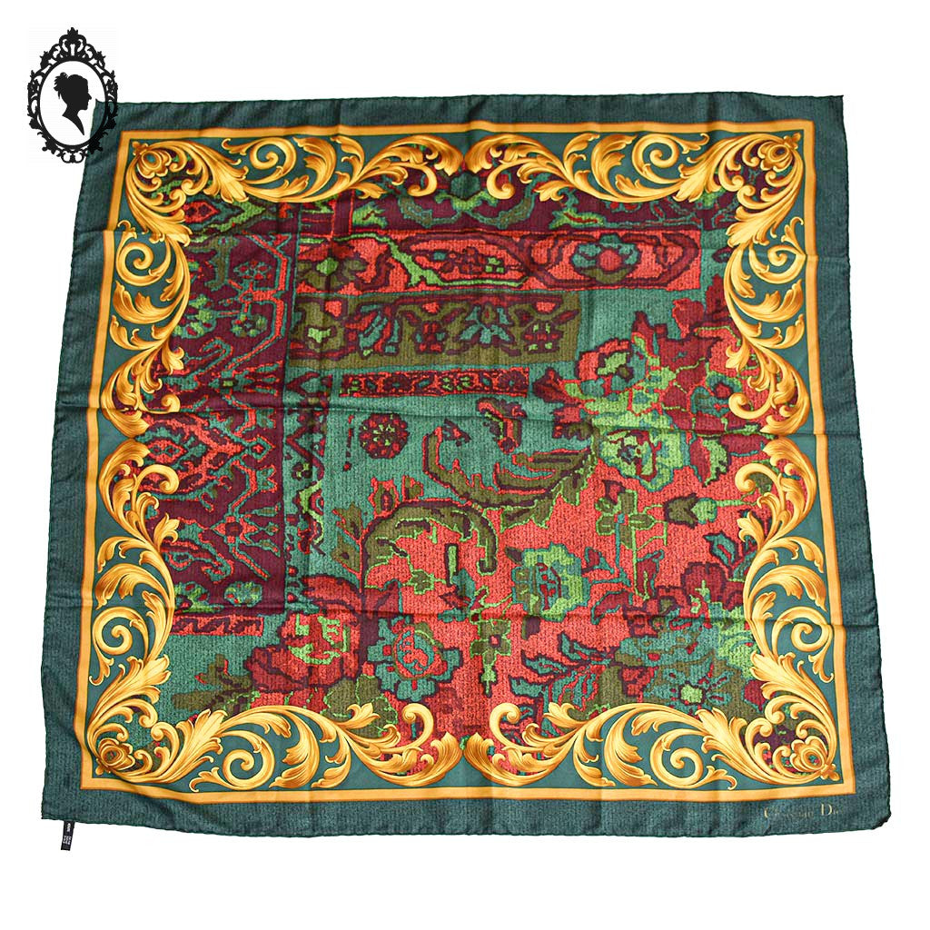 Foulard soie collection Christian Dior CD vert rouge jaune vintage