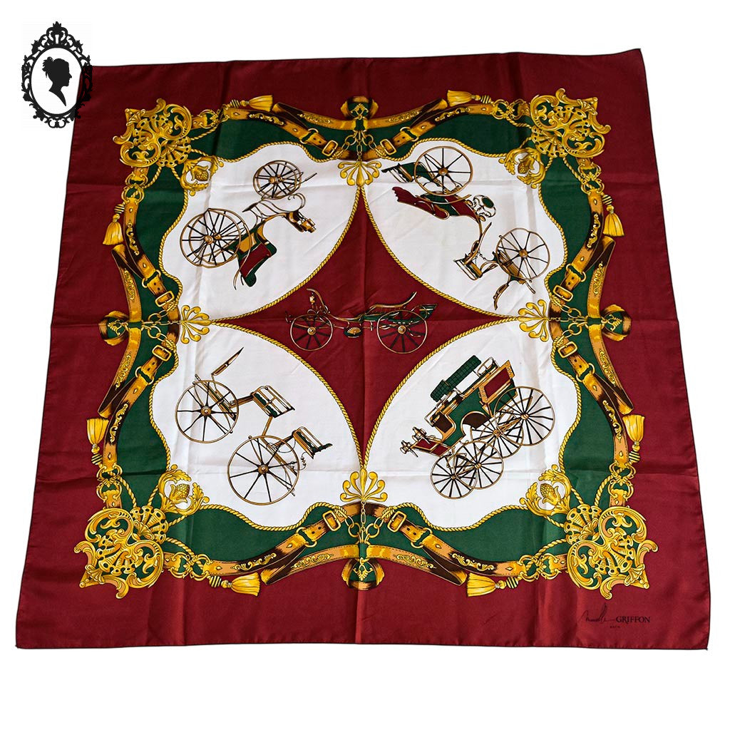 Foulard soie collection Marcelle Griffon voiture ancienne rouge vert blanc jaune vintage