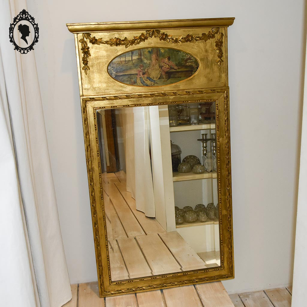 Grand miroir trumeau bois doré ancien fronton sculpté fleuri peinture romantique h 135 cm