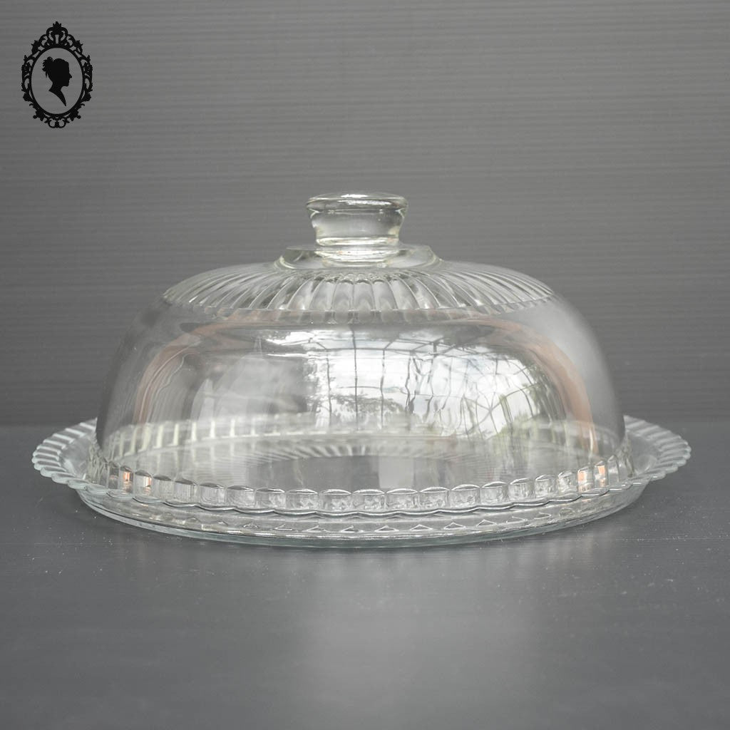 Grande cloche à fromage transparente en verre blanc avec son assiette plateau vintage