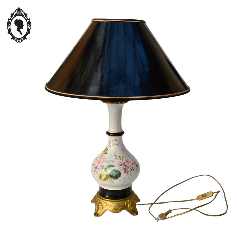 Grande lampe de table à poser porcelaine fleurie laiton ancienne