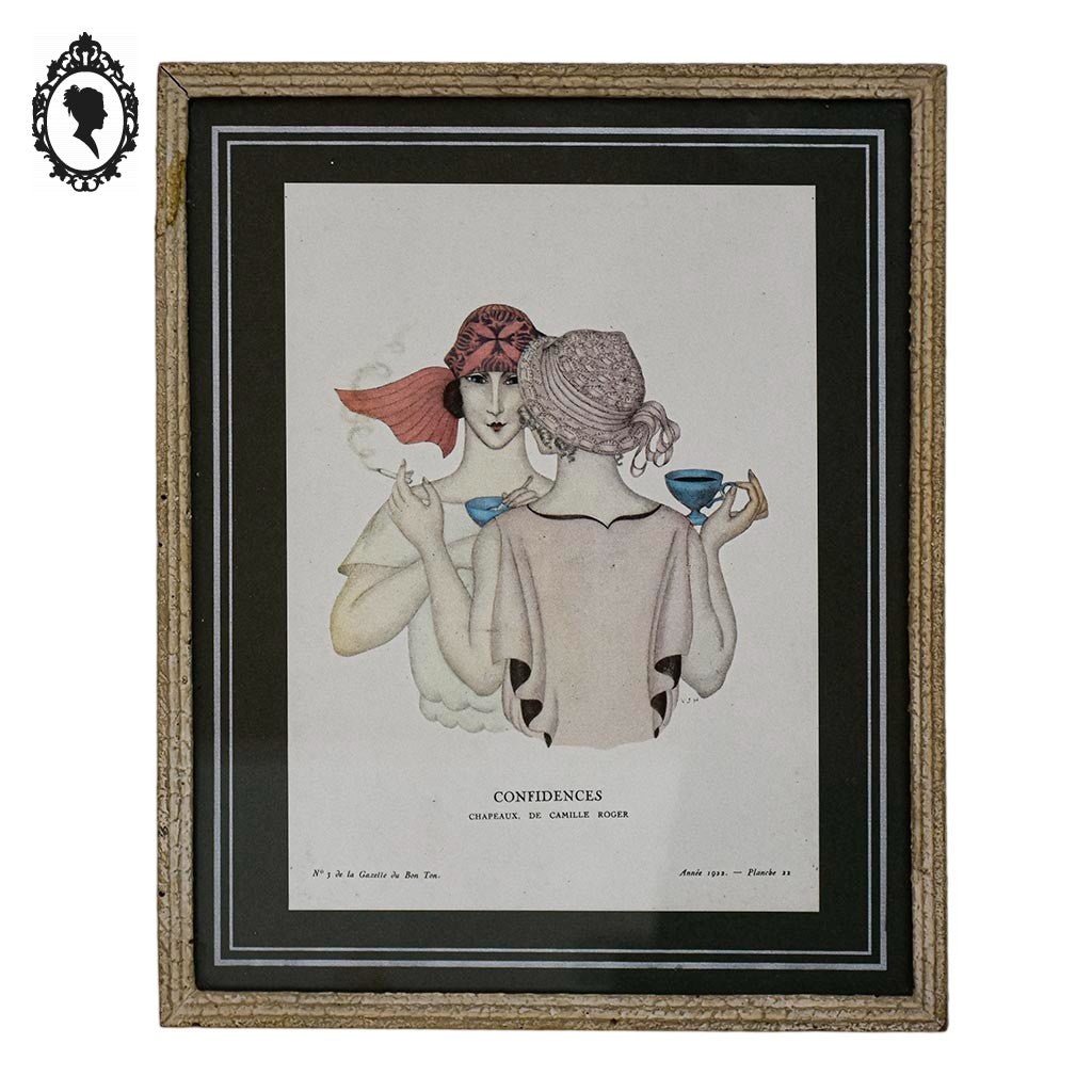 Gravure Art Déco Confidences Chapeau Camille Roger 1922 planche 22 Valentine J. Hugo