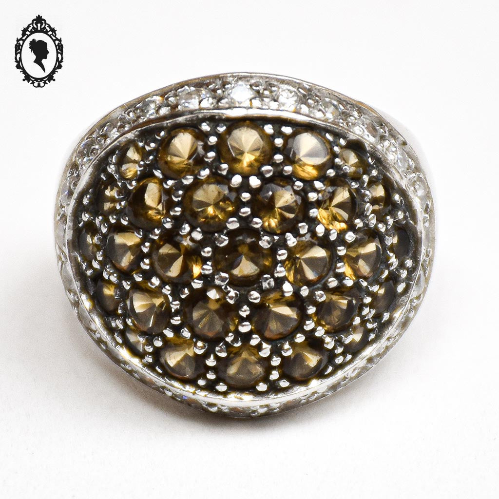 Grosse bague en argent et pierre strass beige style boule T 54