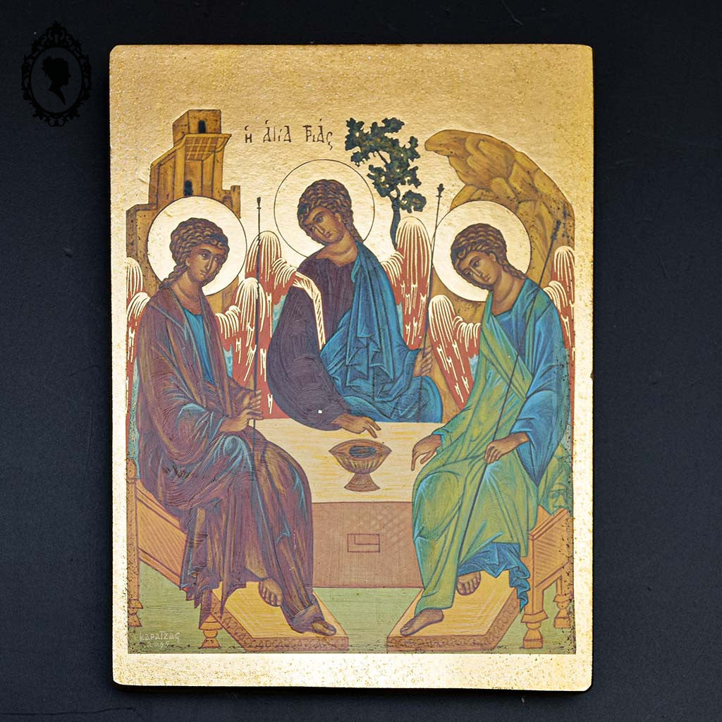 Icône sur bois scène religieuse dorée à la feuille La Sainte Trinité