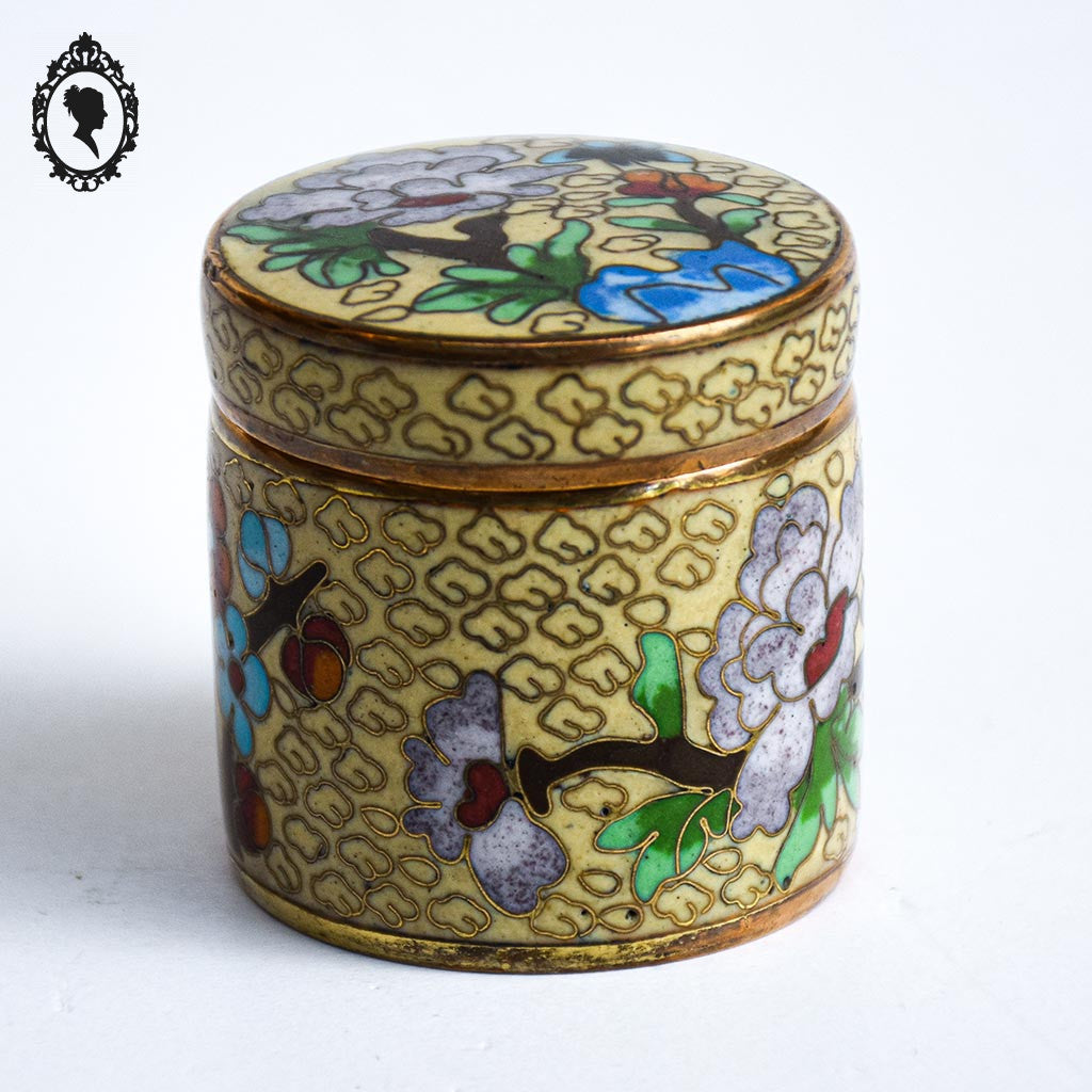 Jolie petite boite jaune vert ronde cylindrique en émail émaux cloisonnés vintage