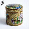 Jolie petite boite jaune vert ronde cylindrique en émail émaux cloisonnés vintage