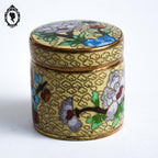 Jolie petite boite jaune vert ronde cylindrique en émail émaux cloisonnés vintage