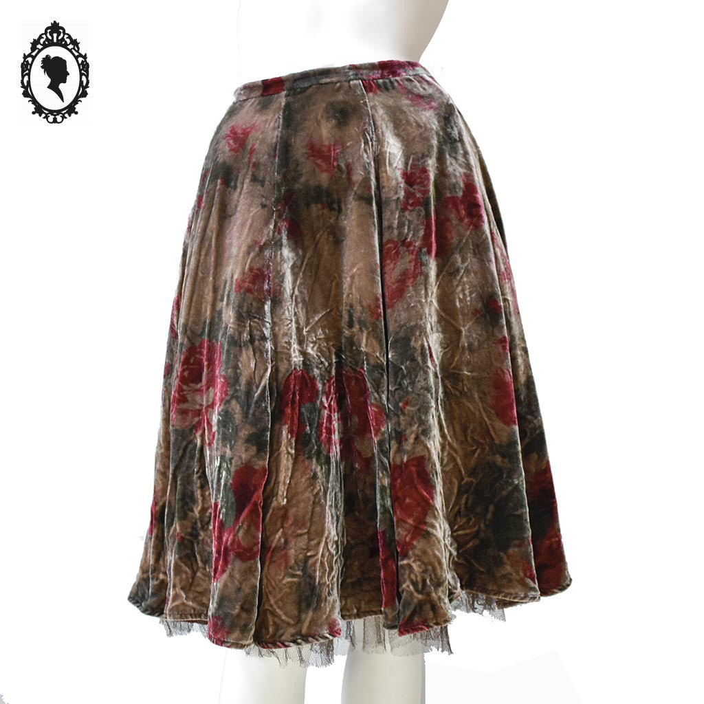 Jupe en velours marron beige fleuri rouge vert T 36 S vintage