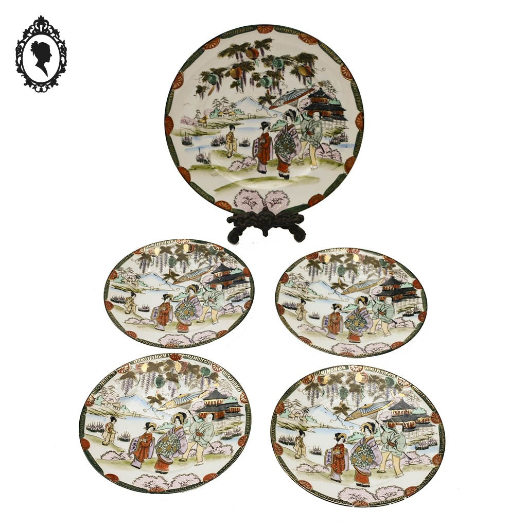 Lot 1 plat 4 assiettes art d’Asie porcelaine japonaise Japon Rokuzo signées 1920 1940 anciennes or