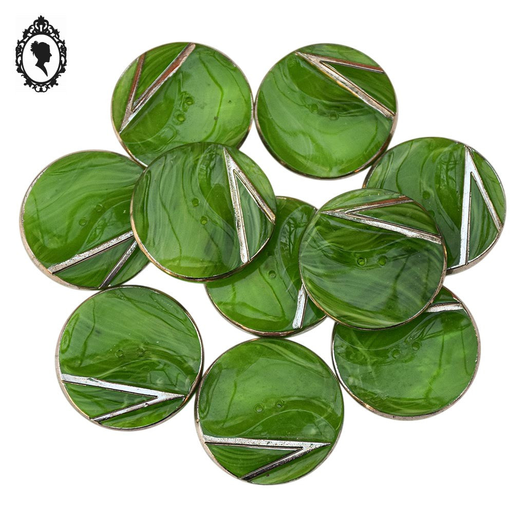 Lot 10 gros boutons en verre vert et liseré argenté vintage D 3,1 cm