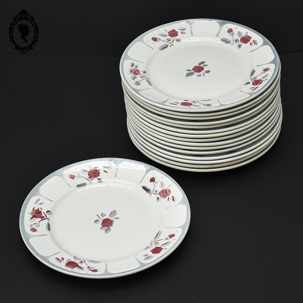 Lot 16 assiettes à dessert plates fleur rose bleue gris Moulin des loups vintage