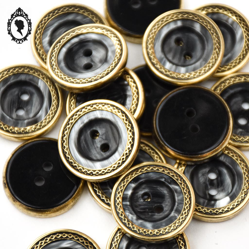 Lot 18 boutons ronds irisés gris serti métal doré D 2 cm vintage