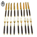 Lot 18 couverts à dessert couteaux et fourchettes laiton bois ancien vintage