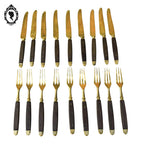 Lot 18 couverts à dessert couteaux et fourchettes laiton bois ancien vintage