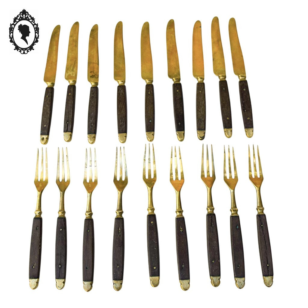 Lot 18 couverts à dessert couteaux et fourchettes laiton bois ancien vintage
