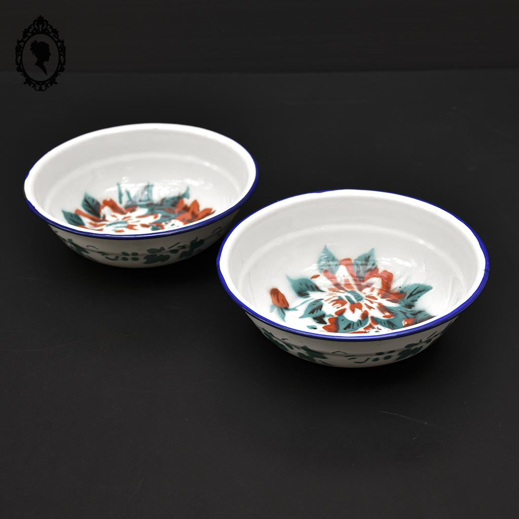 Lot 2 bols calottes rond fleuri en tôle fer émaillé vintage rétro D 14 cm
