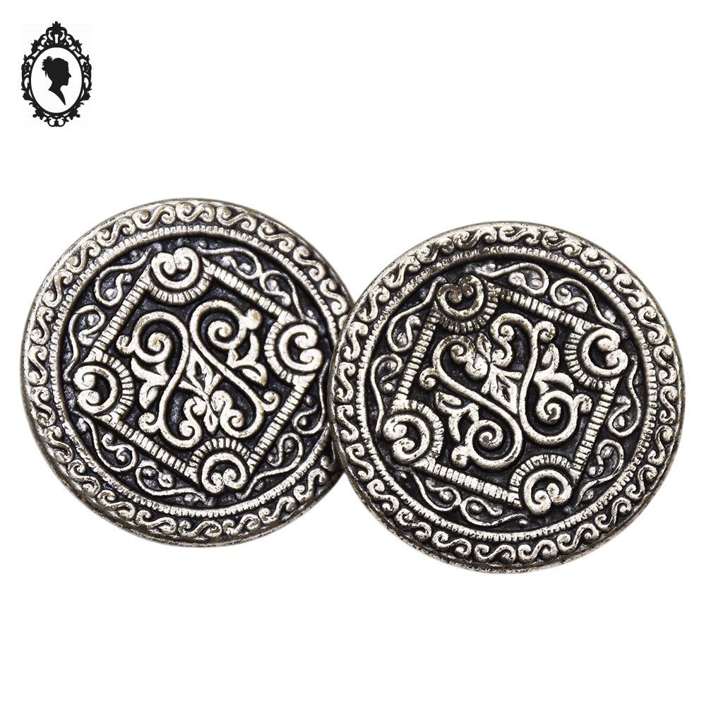 Lot 2 boutons gris argenté à queue métal arabesque noire D 2,8 cm vintage