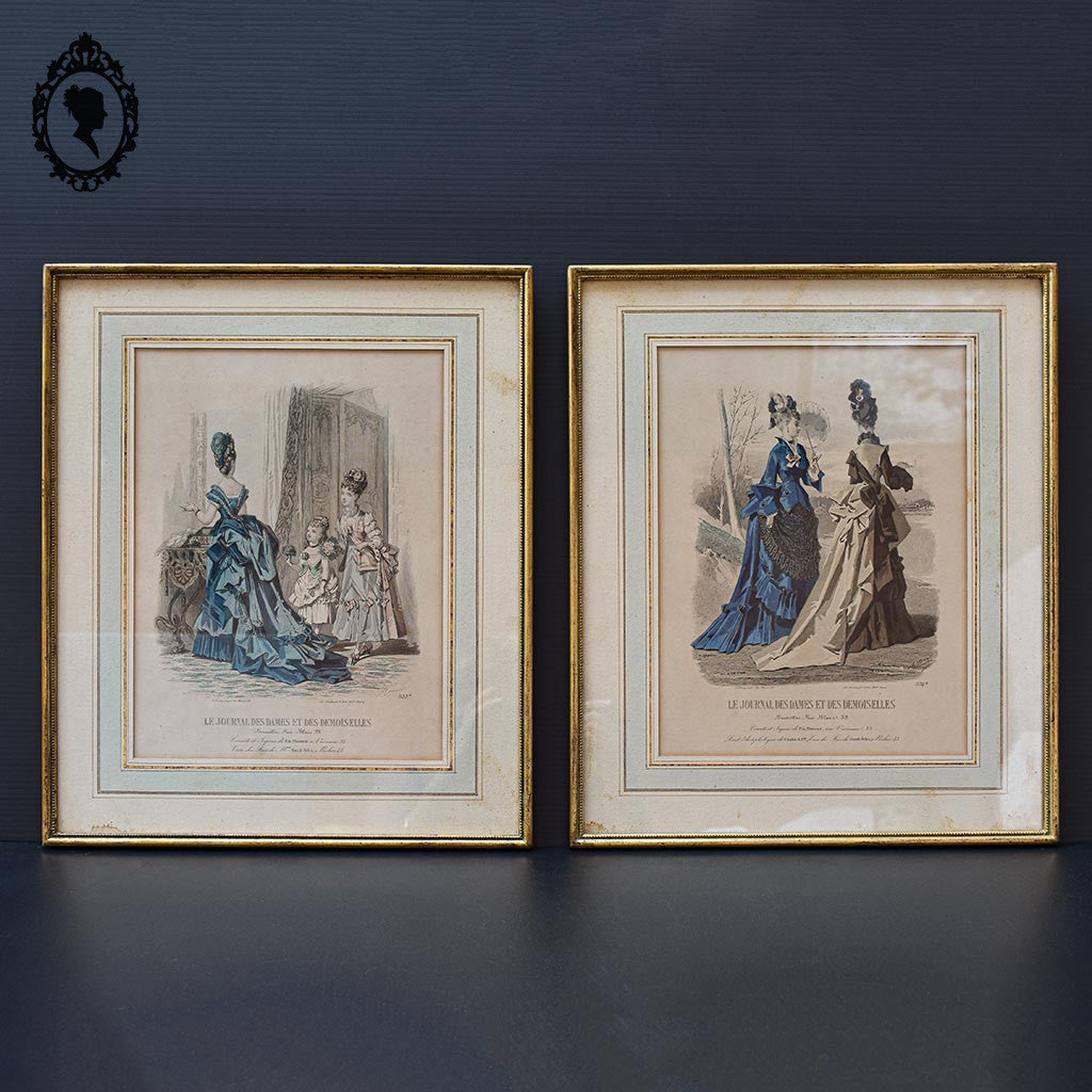 Lot 2 cadres le journal des Dames mode robes anciennes eaux fortes H 40 cm