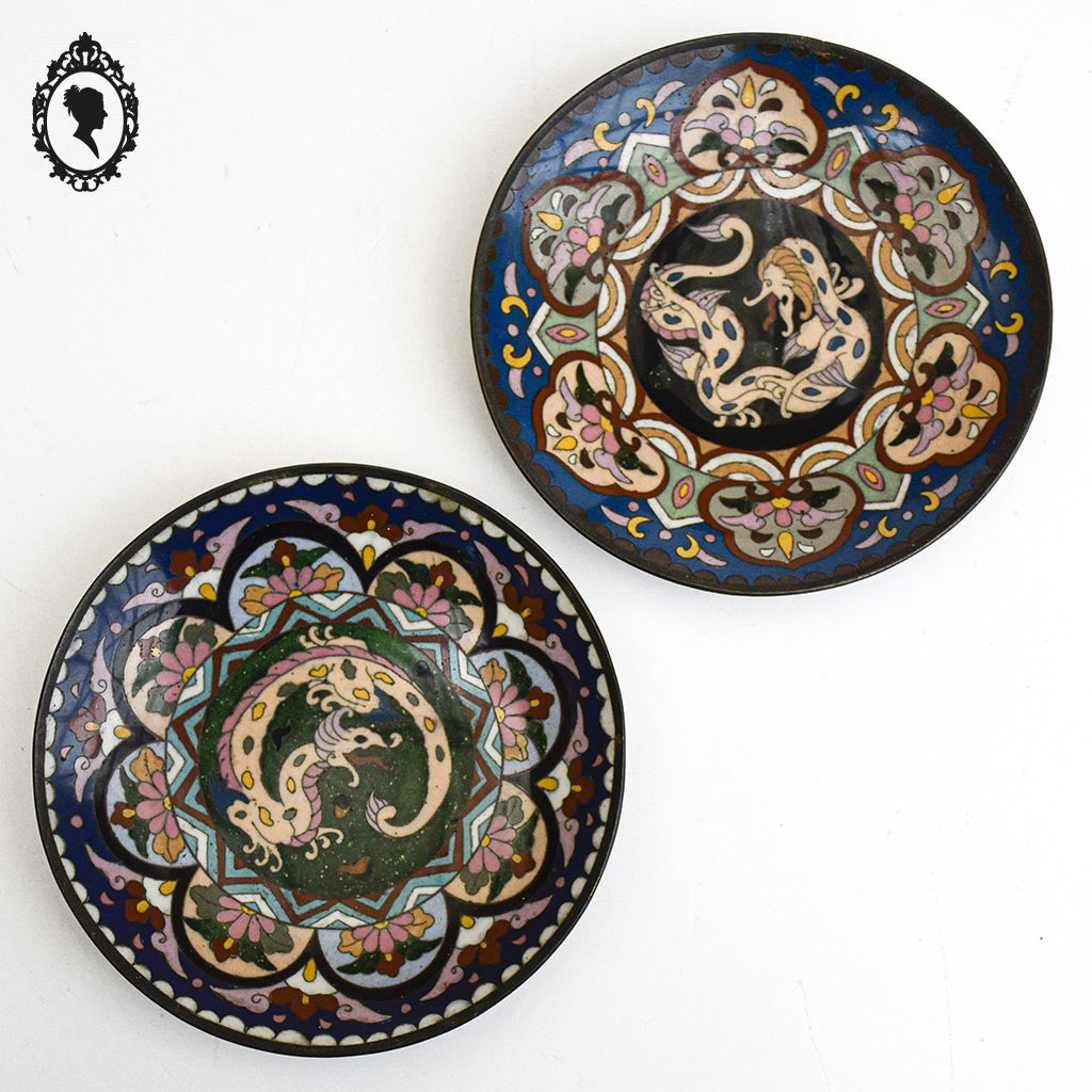 Lot 2 petites assiettes asiatiques émaux cloisonnés dragon vintage 1950