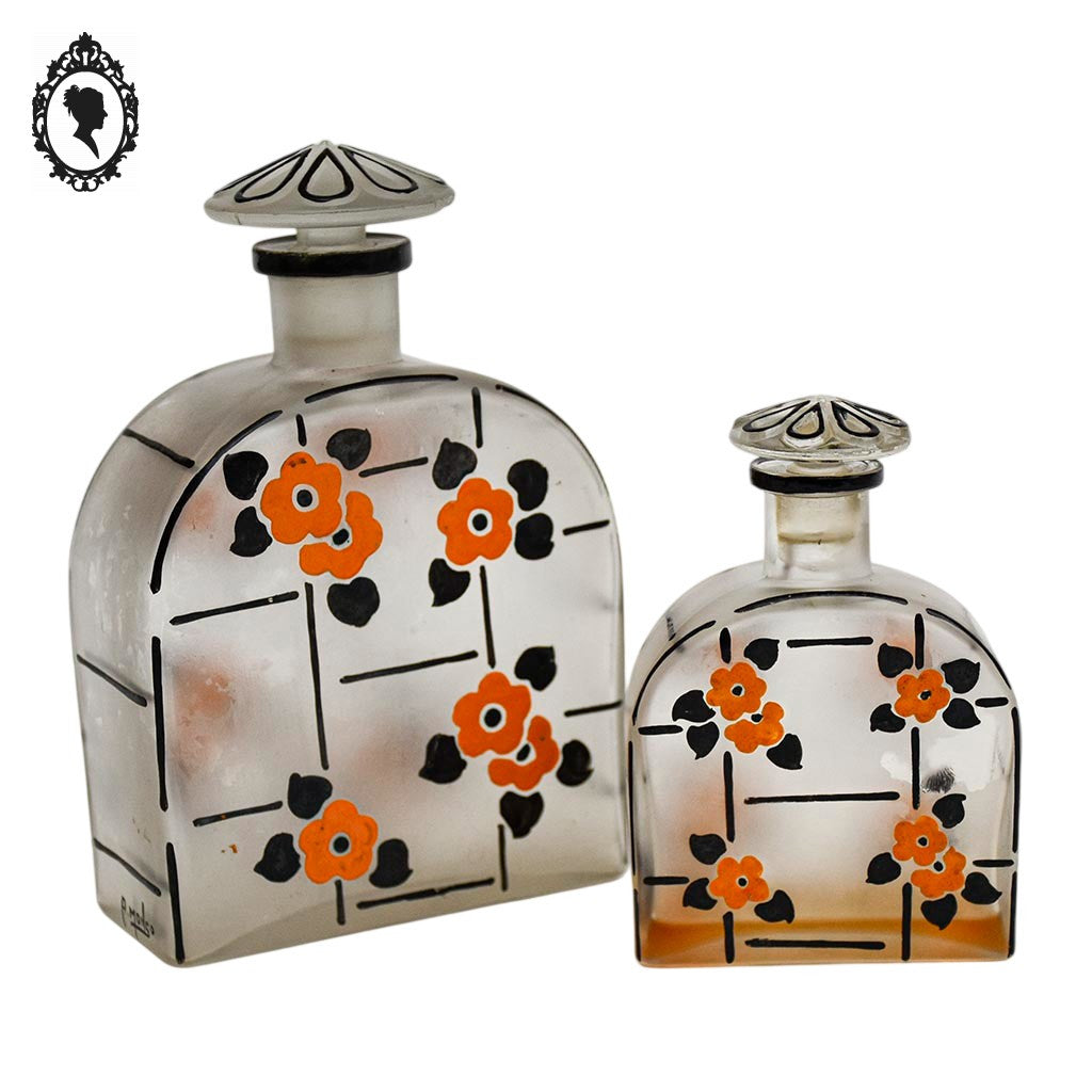 Lot 2 superbes anciens flacons parfum verre émaillé signé époque art déco