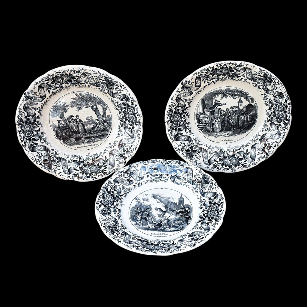 Lot 3 assiettes à dessert parlantes beige noir opaque de Sarreguemines anciennes