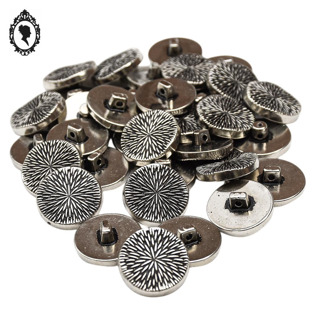 Lot 33 boutons gris argenté à queue plastique strié noir D 1,8 cm