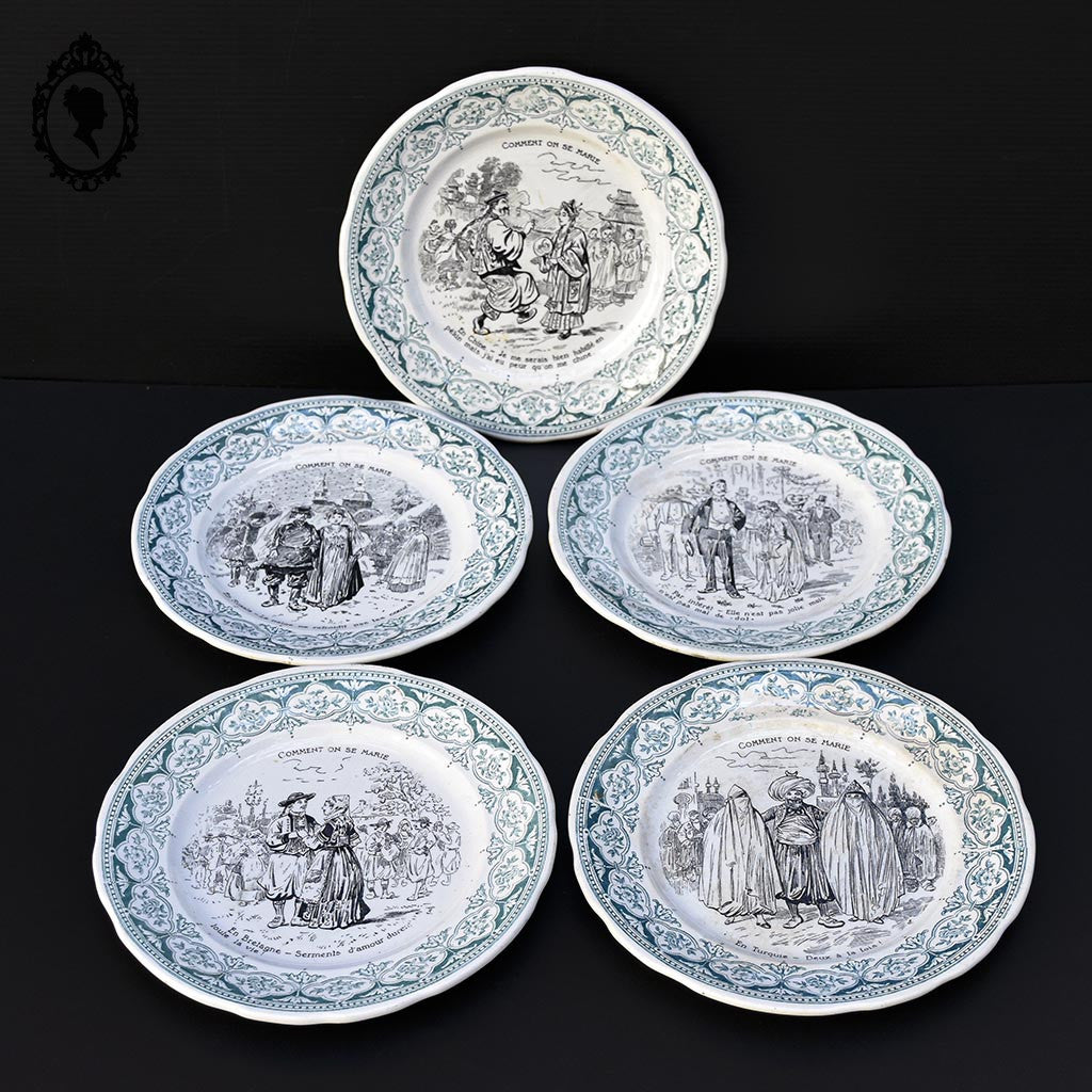 Lot 5 assiettes à dessert parlantes mariage beige et vert Digoin Sarreguemines anciennes
