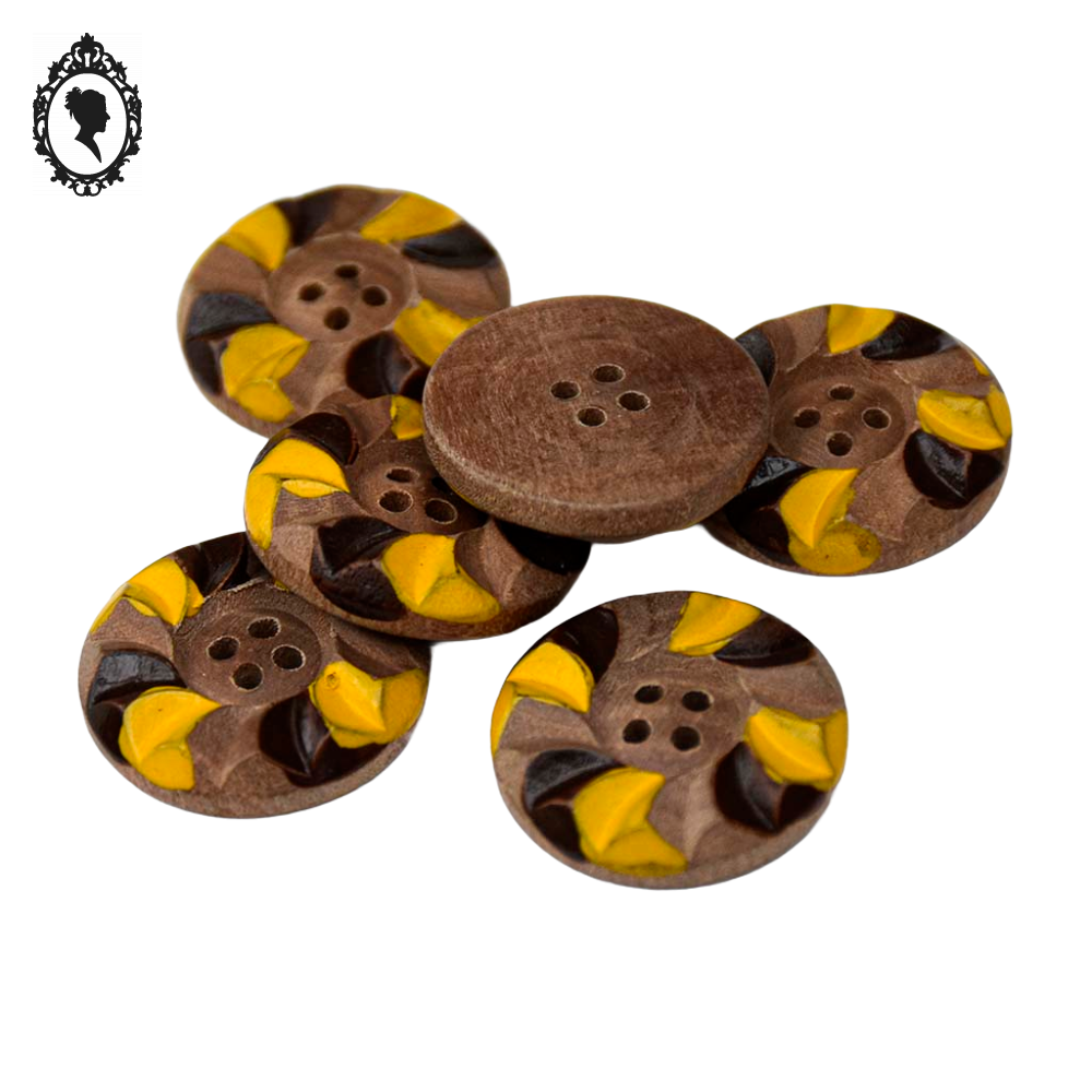 Lot 6 boutons ronds en bois naturel jaune marron à relief vintage D 2,2 cm