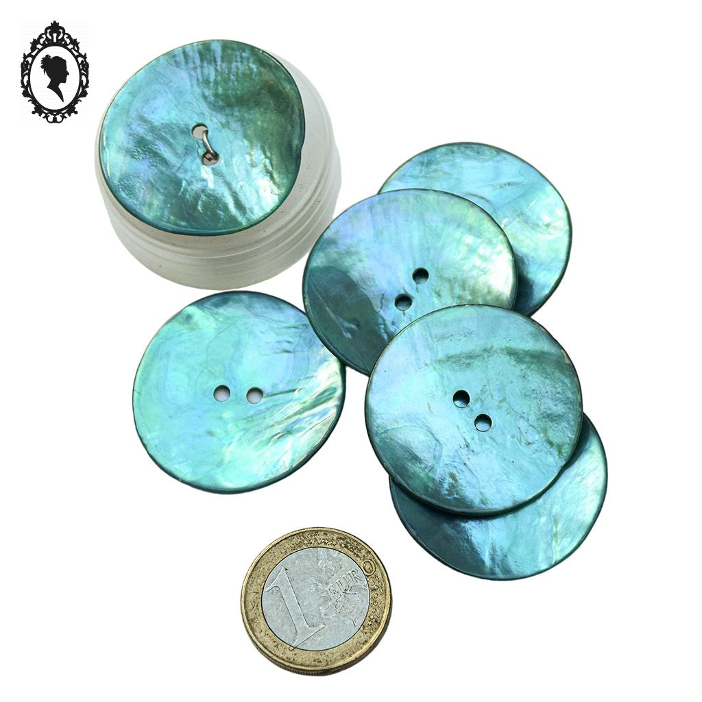Lot 6 gros boutons bleu en nacre rond ancien vintage D 3,4 cm
