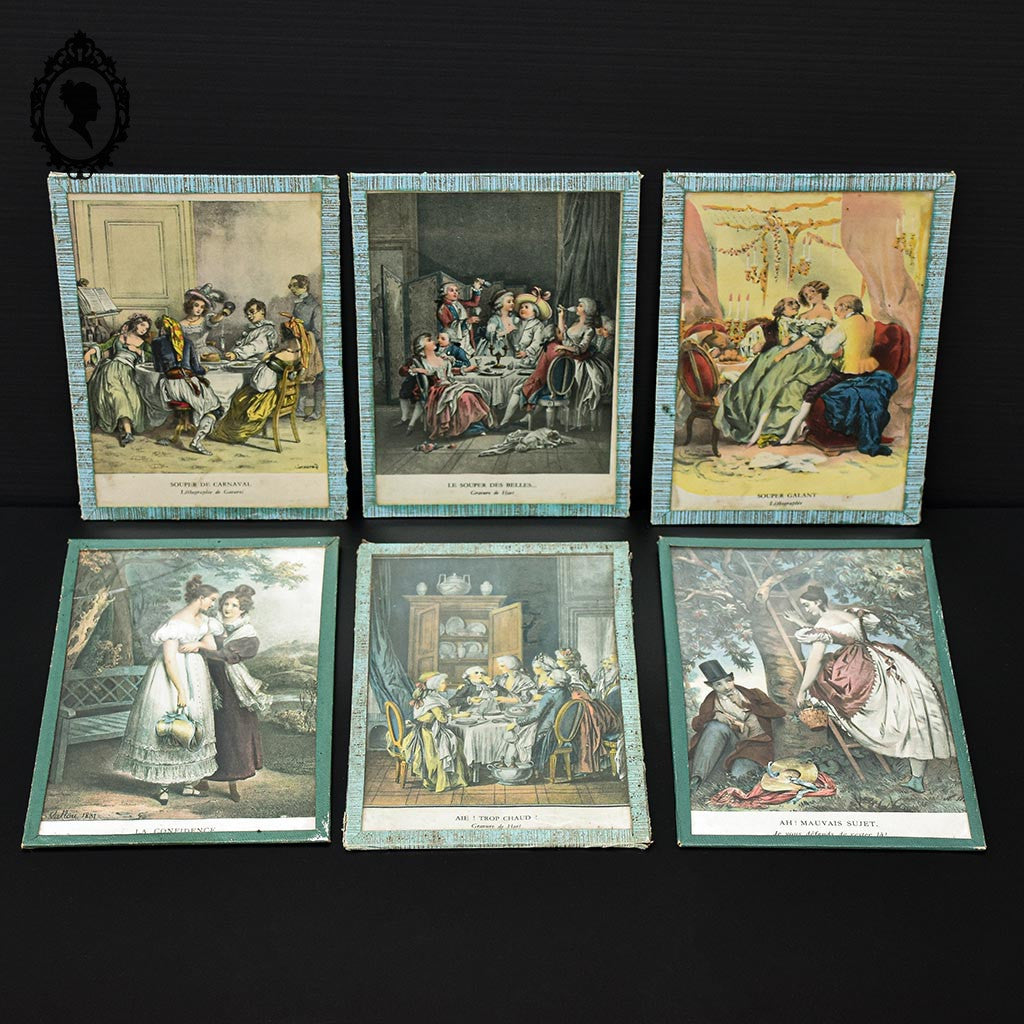 Lot 6 illustrations gravures litho sous verre anciennes XIX e H 18 x 13 cm